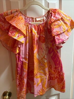 Flying Tomato Pink & Orange Floral Ruffle-Sleeve Women's Top